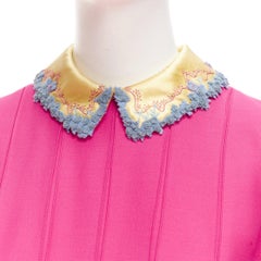 VALENTINO fuchsia pink gold satin flower trimmed collar pleated fit flare dress