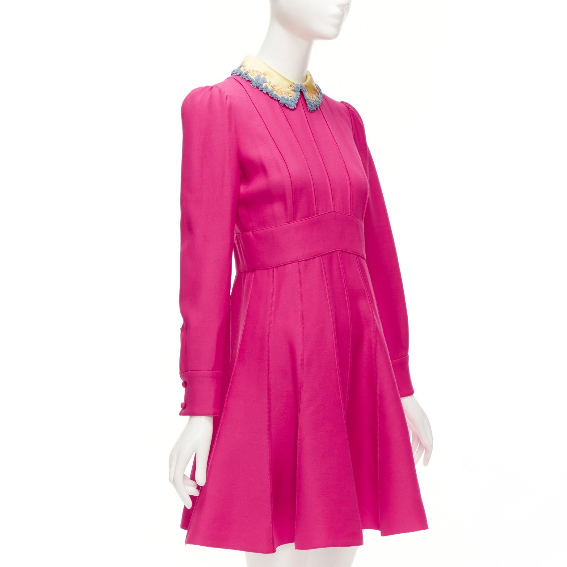 Red VALENTINO fuchsia pink gold satin flower trimmed collar pleated fit flare dress