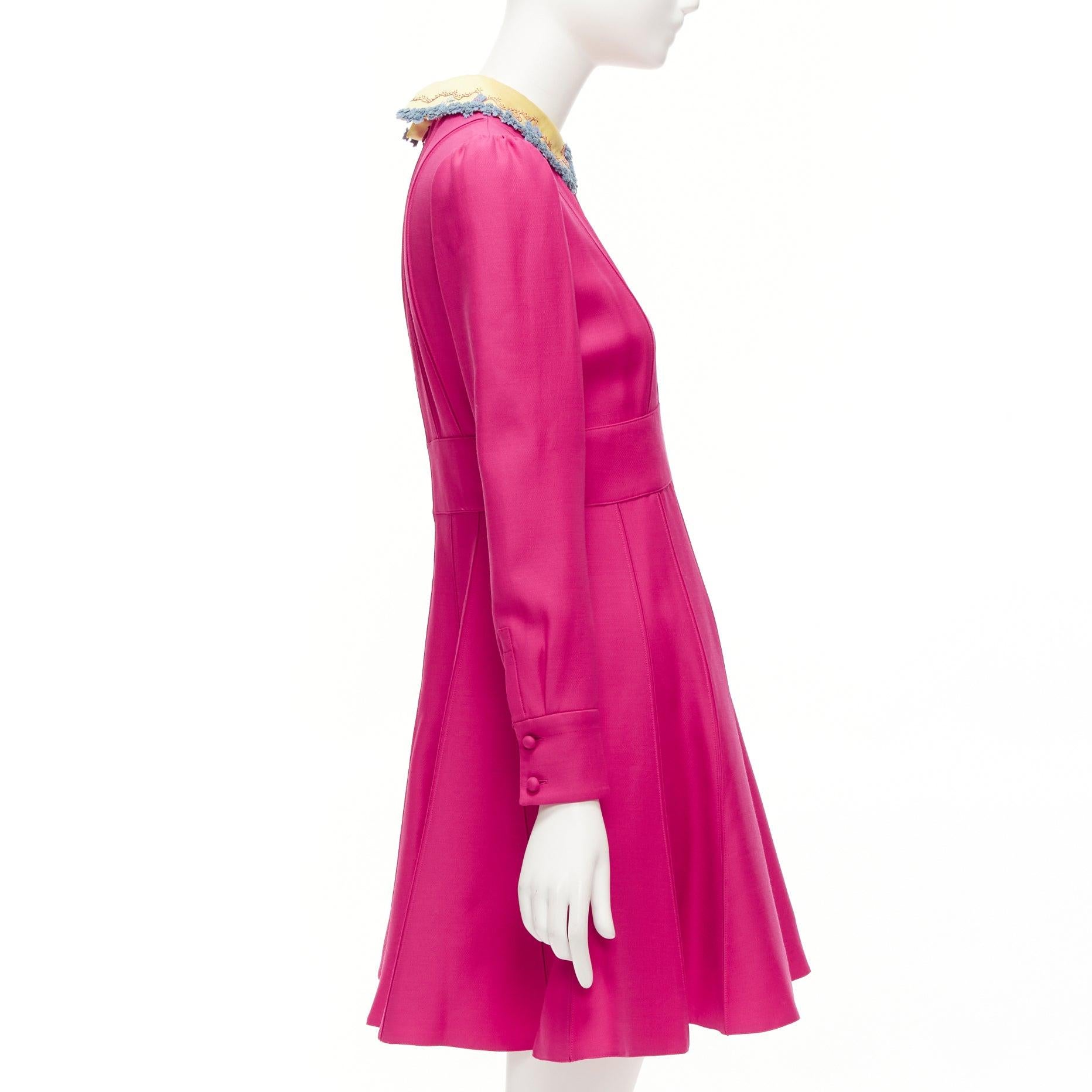 Women's VALENTINO fuchsia pink gold satin flower trimmed collar pleated fit flare dress