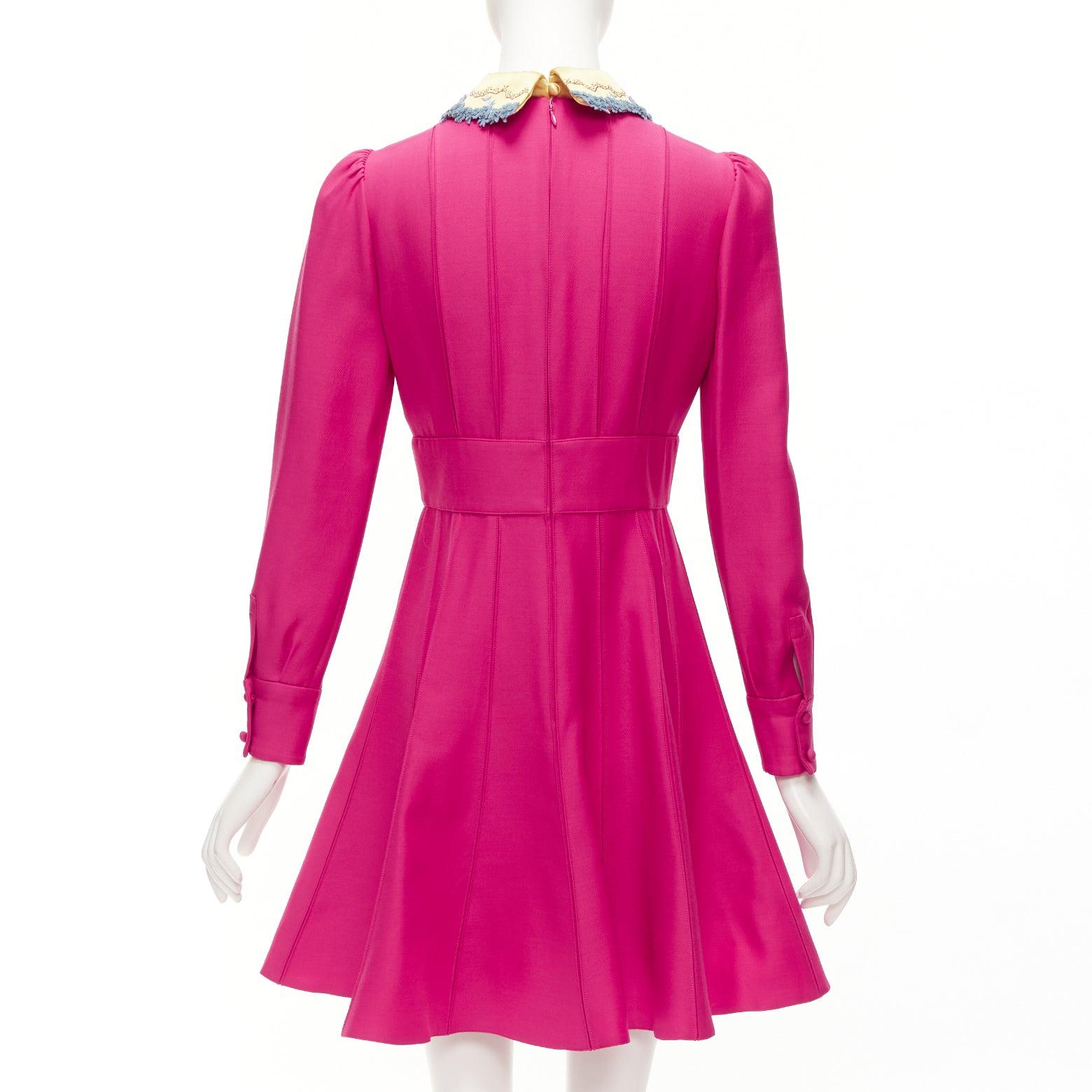 VALENTINO fuchsia pink gold satin flower trimmed collar pleated fit flare dress 1