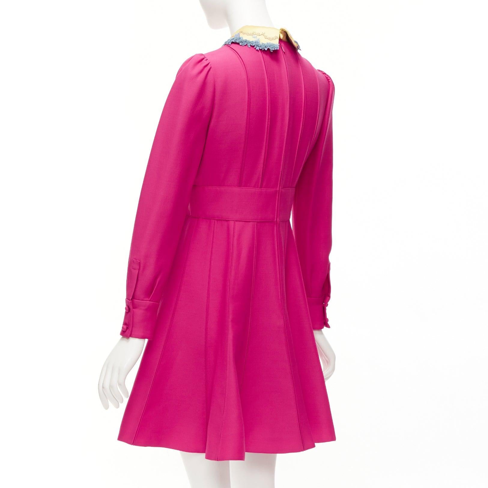 VALENTINO fuchsia pink gold satin flower trimmed collar pleated fit flare dress 2