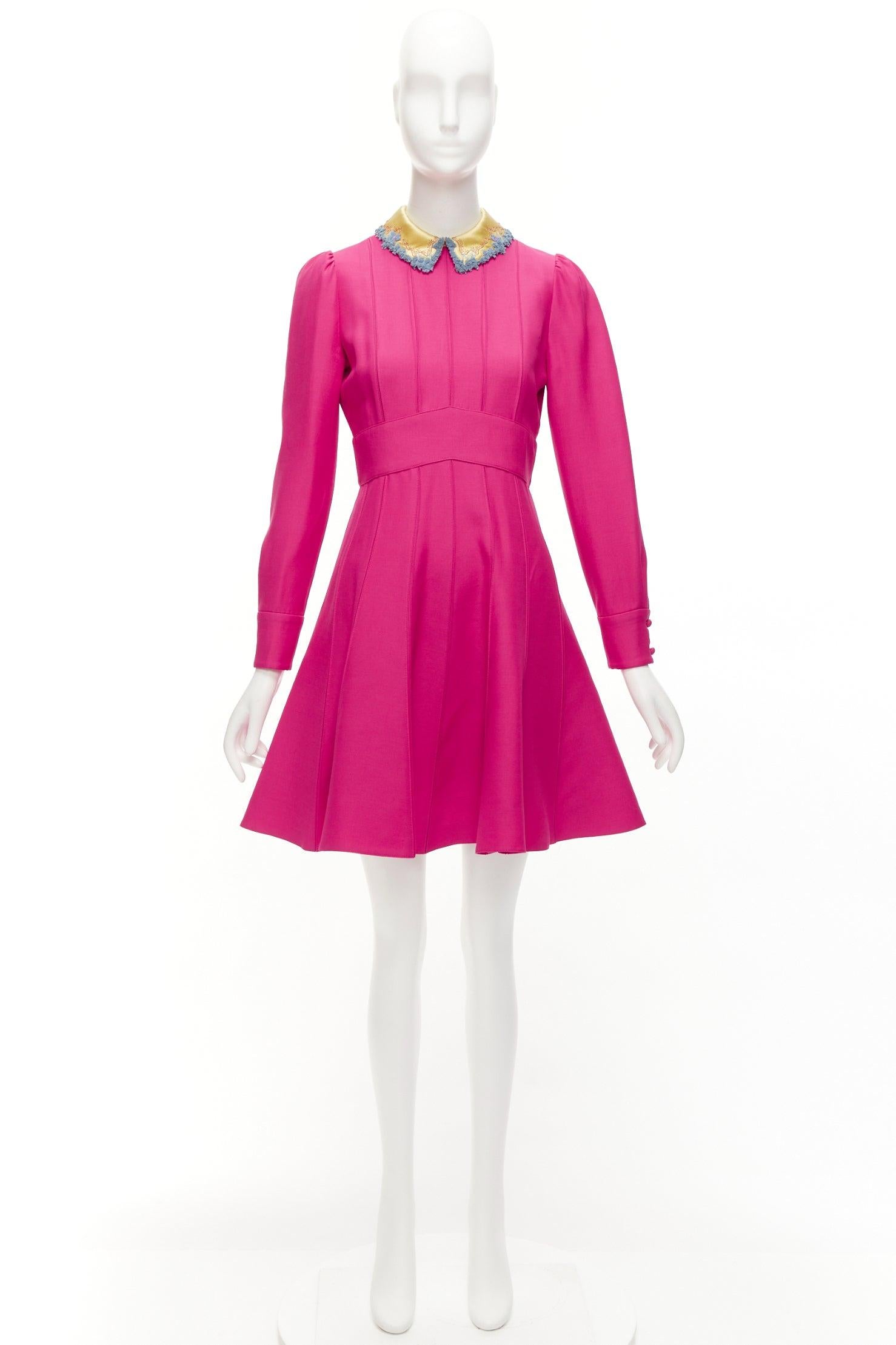 VALENTINO fuchsia pink gold satin flower trimmed collar pleated fit flare dress 5
