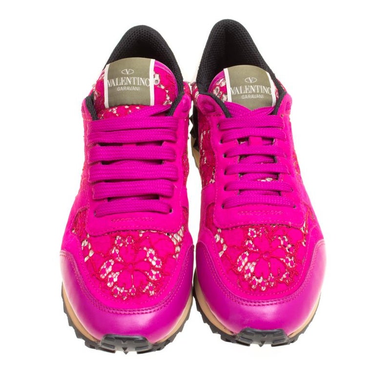 Valentino Fuchsia Pink Leather and Macramé Lace Sneakers Size 37 For ...