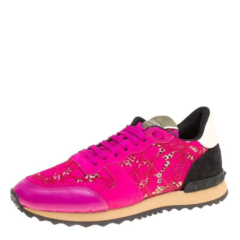 Valentino Fuchsia Pink Leather and Macramé Lace Sneakers Size 37 For Sale  at 1stDibs | valentino lace sneakers