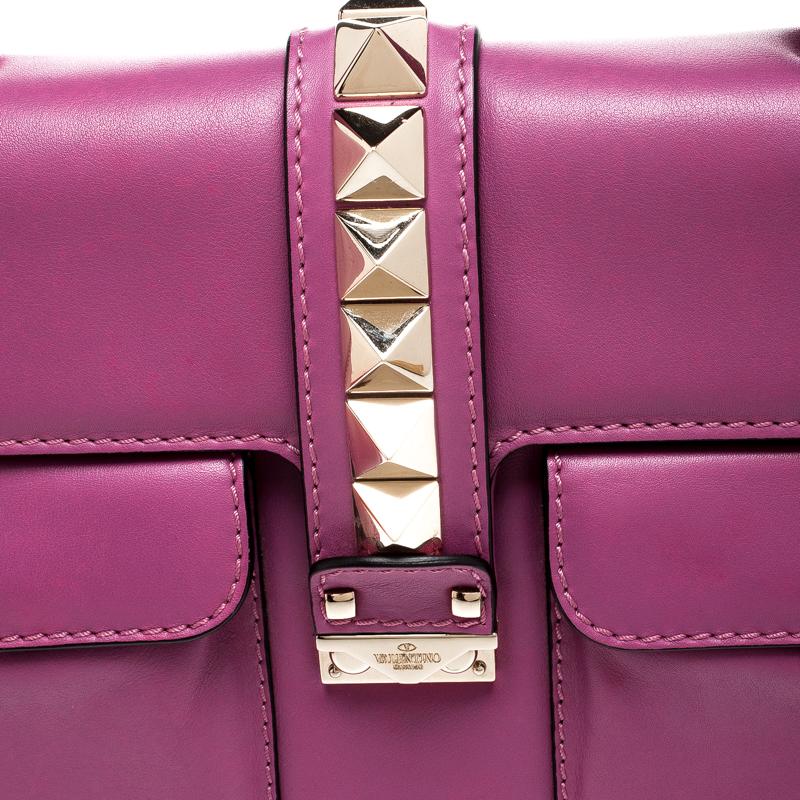 Valentino Fuschia Leather Rockstud Large Glam Lock Top Handle Bag 6