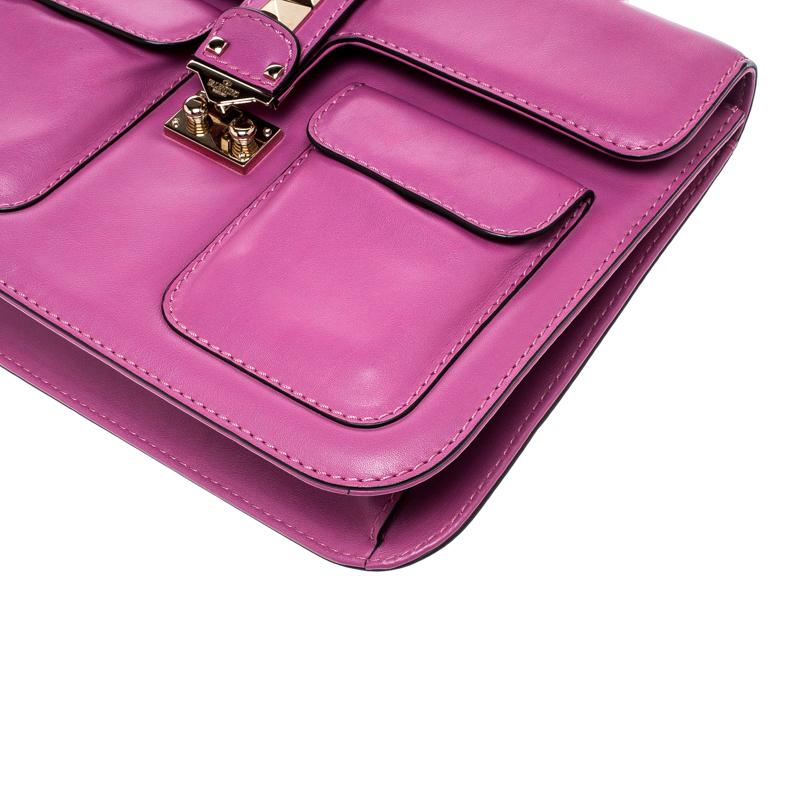 Valentino Fuschia Leather Rockstud Large Glam Lock Top Handle Bag 4