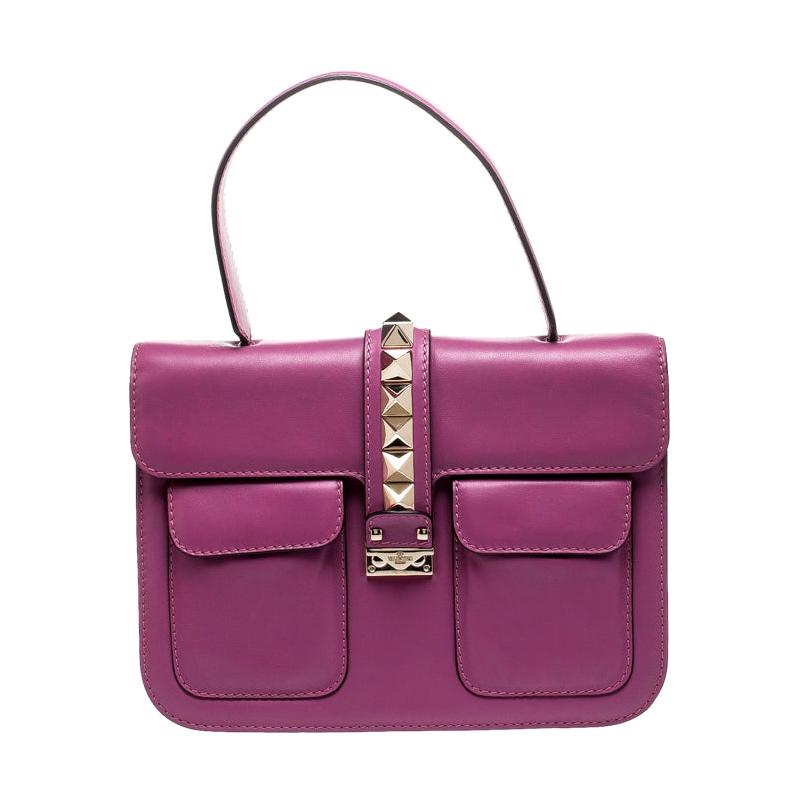 Valentino Fuschia Leather Rockstud Large Glam Lock Top Handle Bag