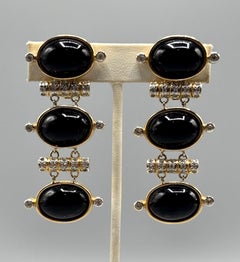 Valentino Garavani 1980s Gold and Black Cabochon Pendant Earrings