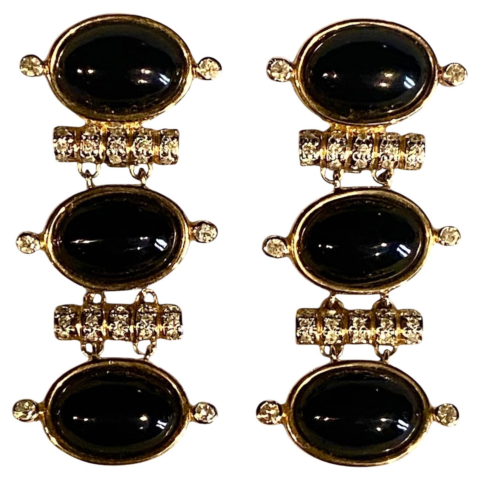 Valentino Garavani 1980s Gold and Black Cabochon Pendant Earrings For Sale