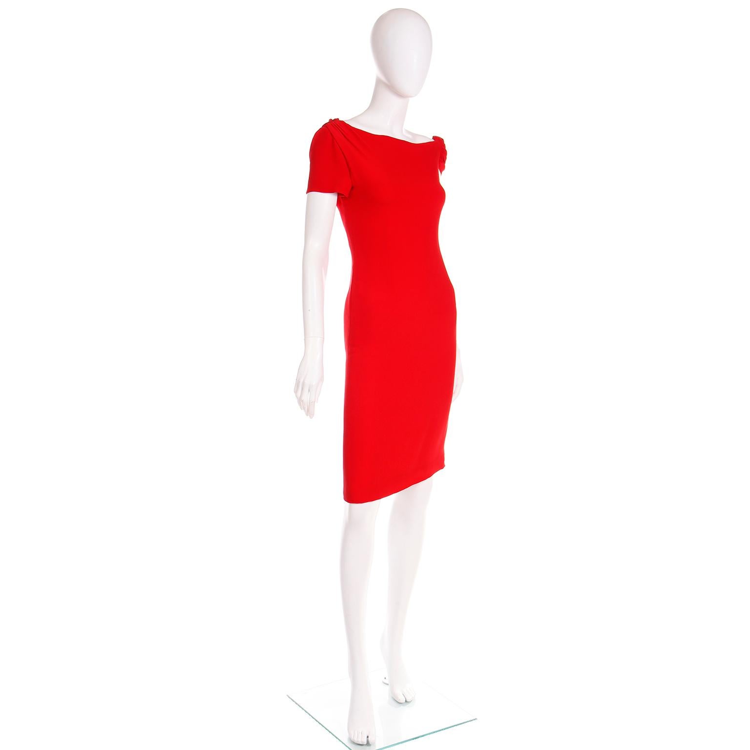Valentino Garavani 2000s Red Silk Crepe Asymmetrical Sleeve Day or Evening Dress In Excellent Condition For Sale In Portland, OR