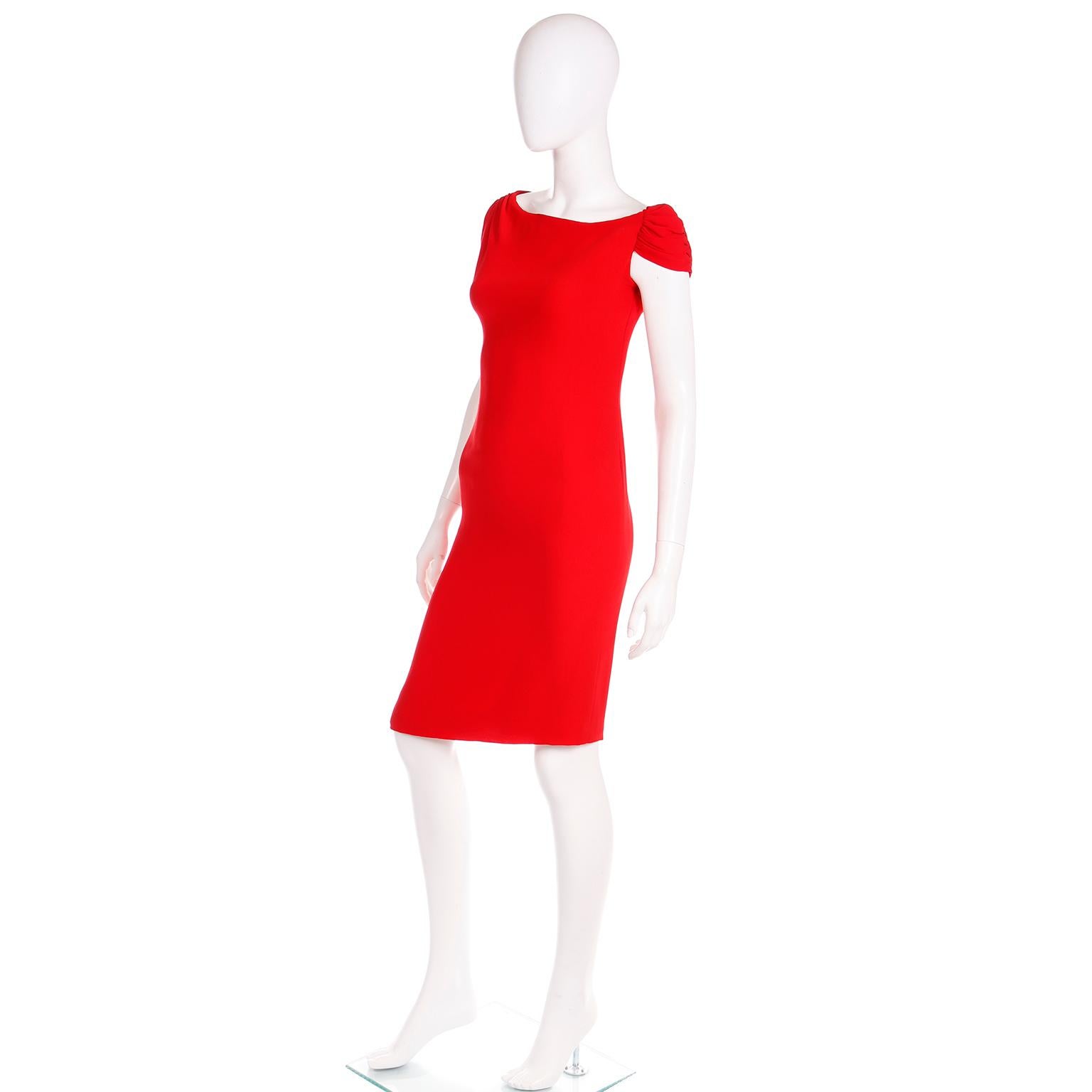 Valentino Garavani 2000s Red Silk Crepe Asymmetrical Sleeve Day or Evening Dress For Sale 1