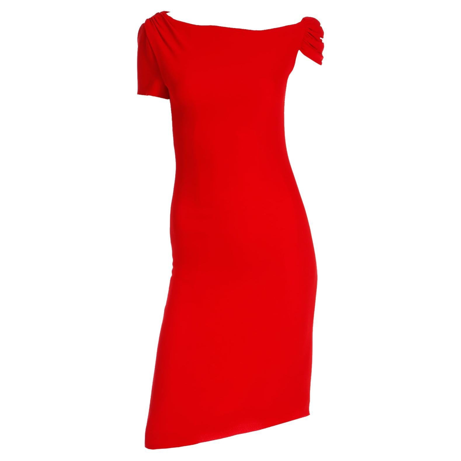 Valentino Garavani 2000s Red Silk Crepe Asymmetrical Sleeve Day or Evening Dress For Sale