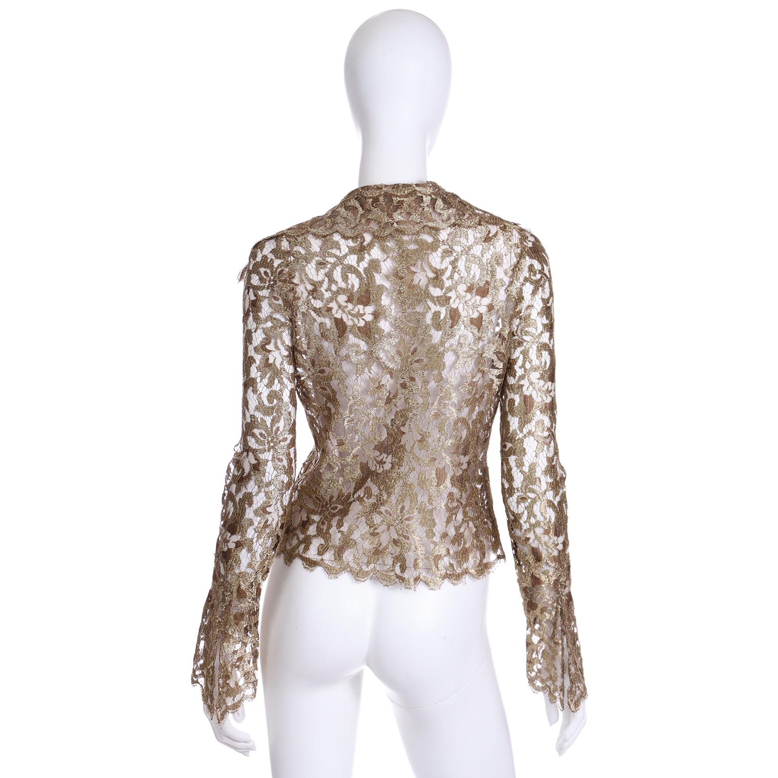 Valentino Garavani 2006 Gold Fine Lace Blouse w Wide Collar & Cuffs Documented In Excellent Condition In Portland, OR