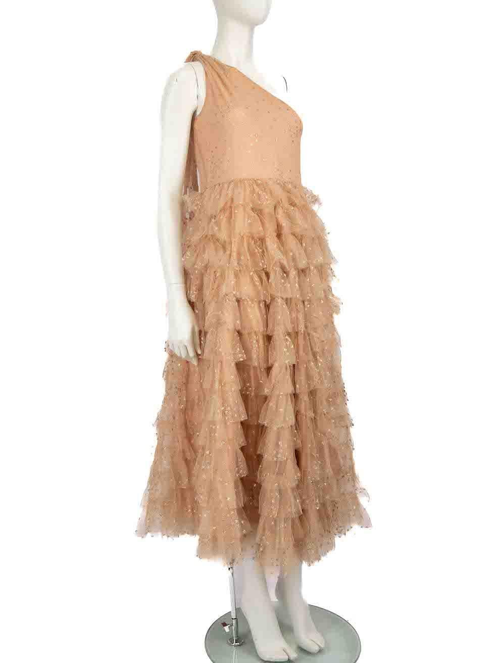 CONDITION is Very good. Hardly any visible wear to dress is evident on this used Valentino Garavani designer resale item.
 
 
 
 Details
 
 
 Beige
 
 Synthetic
 
 Dress
 
 Gold glitter heart pattern
 
 One shoulder
 
 Sleeveless
 
 Tiered ruffle
