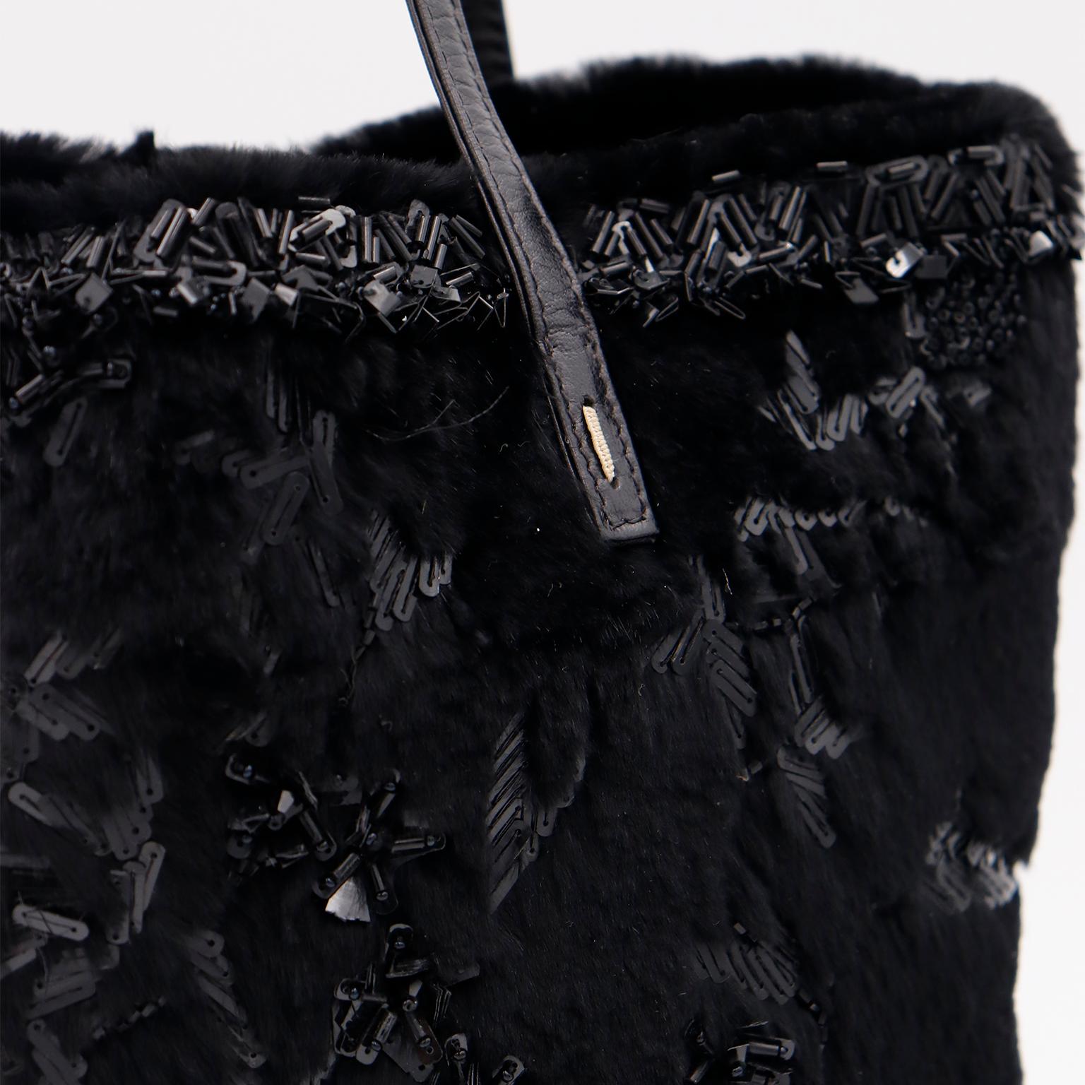 Valentino Garavani Black Beaded Black Fur & Leather Tote Bag Style Handbag For Sale 8