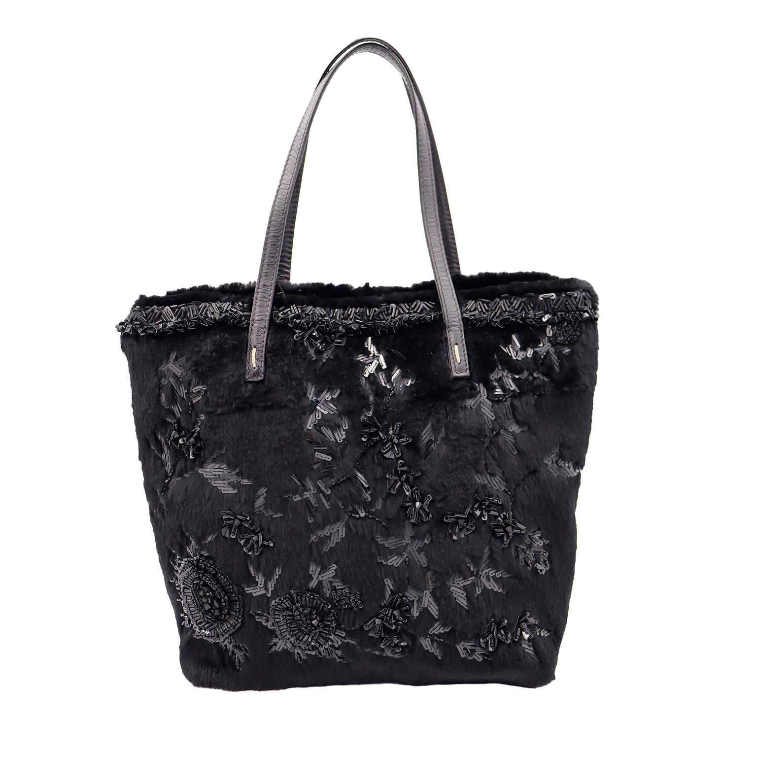 Valentino Garavani Black Beaded Black Fur & Leather Tote Bag Style Handbag In Excellent Condition For Sale In Portland, OR