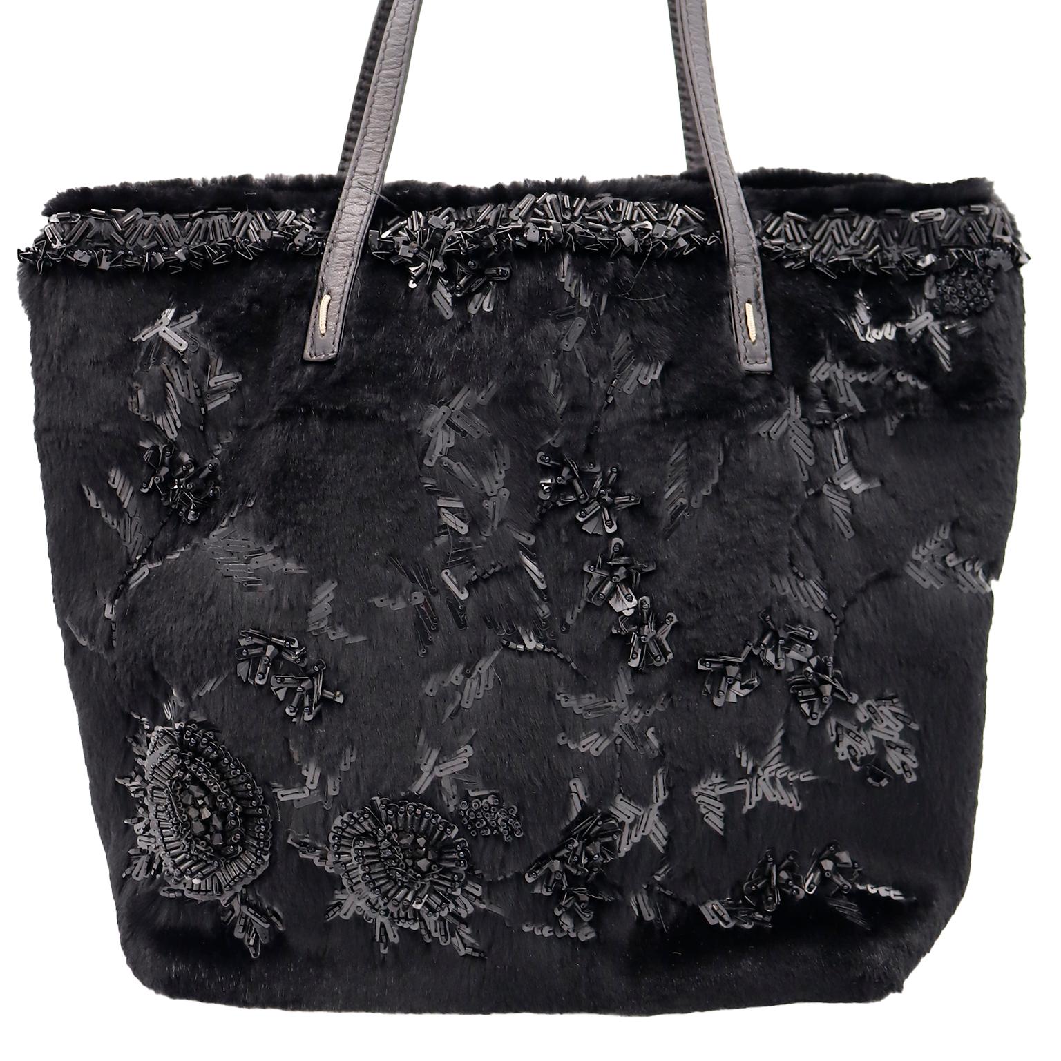 Valentino Garavani Black Beaded Black Fur & Leather Tote Bag Style Handbag For Sale 1