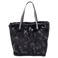 Valentino Garavani Black Beaded Black Fur & Leather Tote Bag Style Handbag