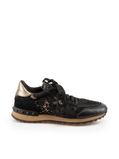 Valentino Garavani Black Lace Leather Panel Trainers Size IT 36