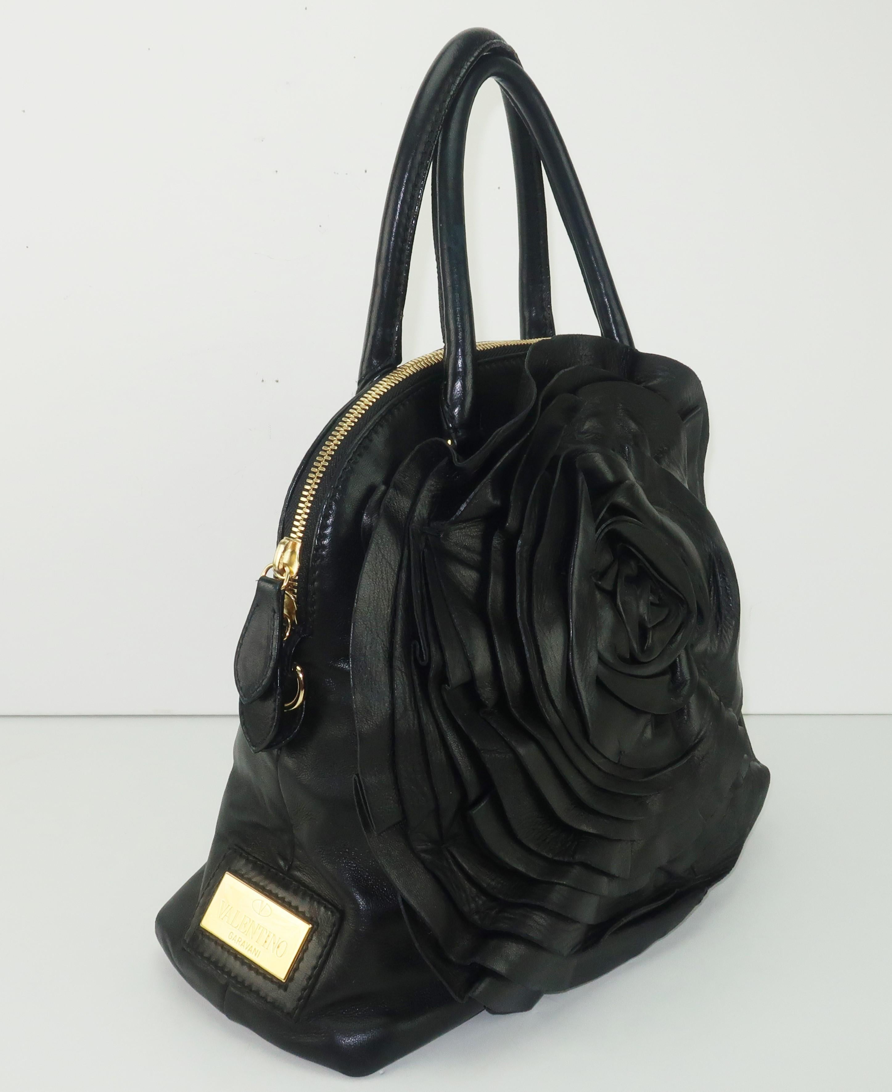 Valentino Garavani Black Leather Petale Dome Handbag In Good Condition In Atlanta, GA