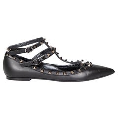 Valentino Garavani Black Leather Rockstud Ankle Strap Flats Size IT 40