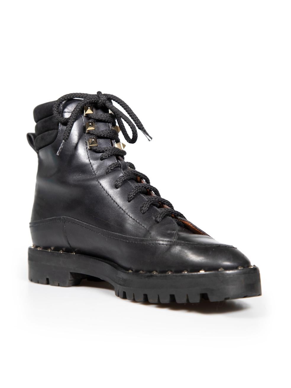 CONDITION is Very good. Minimal wear to boots is evident. Some small scratches to the toe and light wear to the soles on this used Valentino designer resale item.
 
 Details
 Black
 Leather
 Combat boots
 Silver studded detail
 Lace up fastening
 
