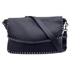Valentino Garavani Black Leather Rockstud Rolling Messenger Bag