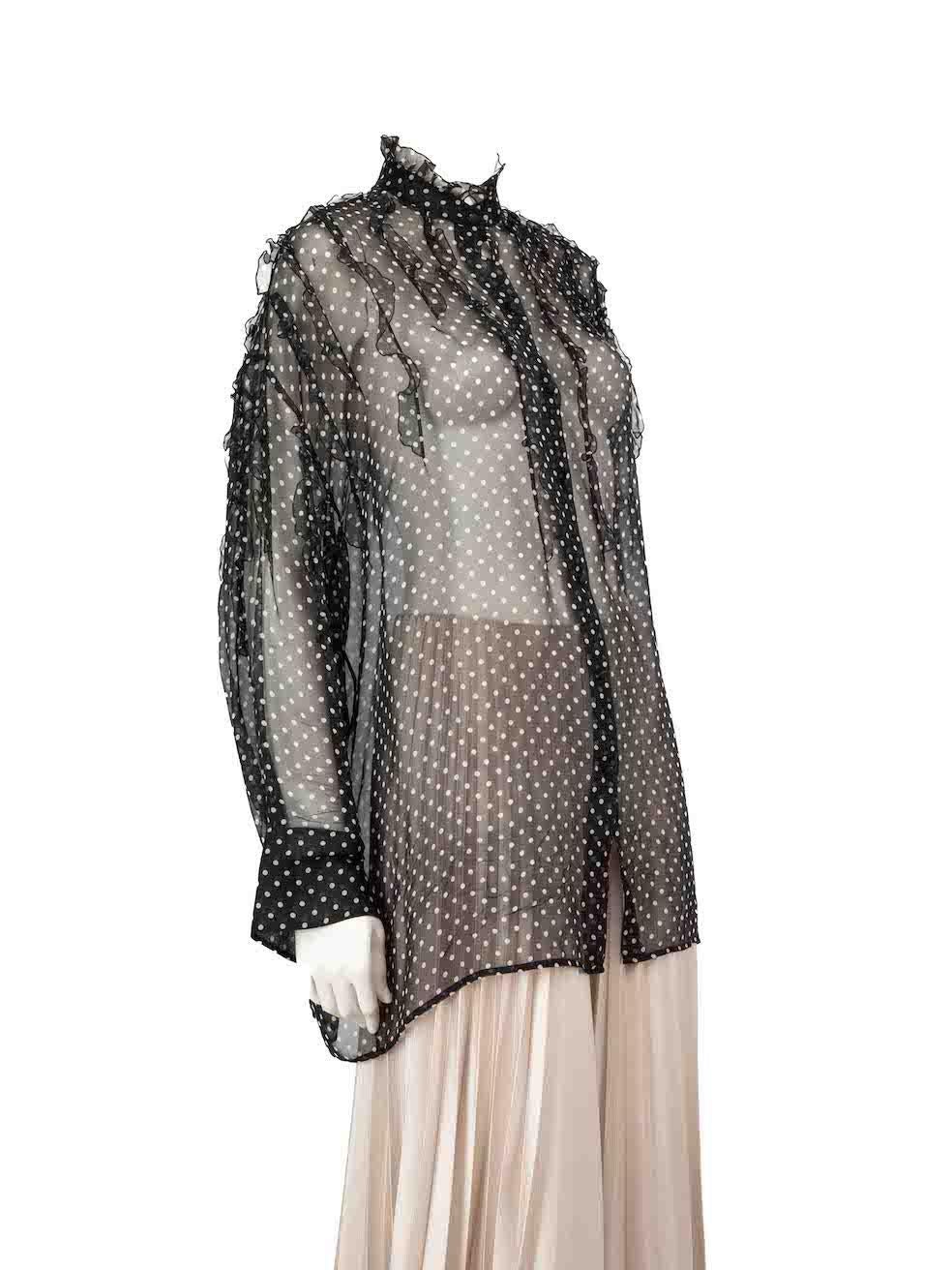CONDITION is Very good. Minimal wear to blouseis evident. Minimal wear to the collar where a button is missing on this used Valentino Garavani designer resale item.
 
 
 
 Details
 
 
 Black
 
 Silk
 
 Blouse
 
 Polkadot pattern
 
 Sheer
 
 Long