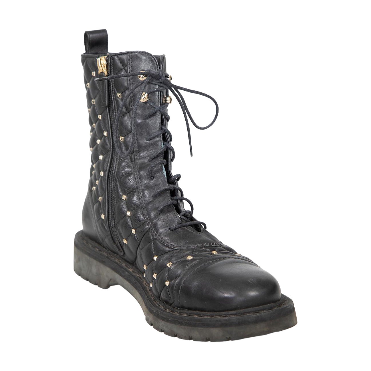 Valentino Garavani Black Rockstud Leather Combat Boots Size IT 39