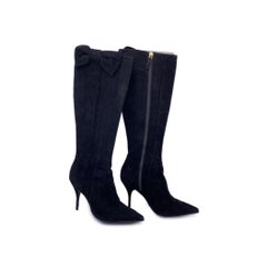 Valentino Garavani Black Suede Bow Heeled Boots Shoes Size 38.5