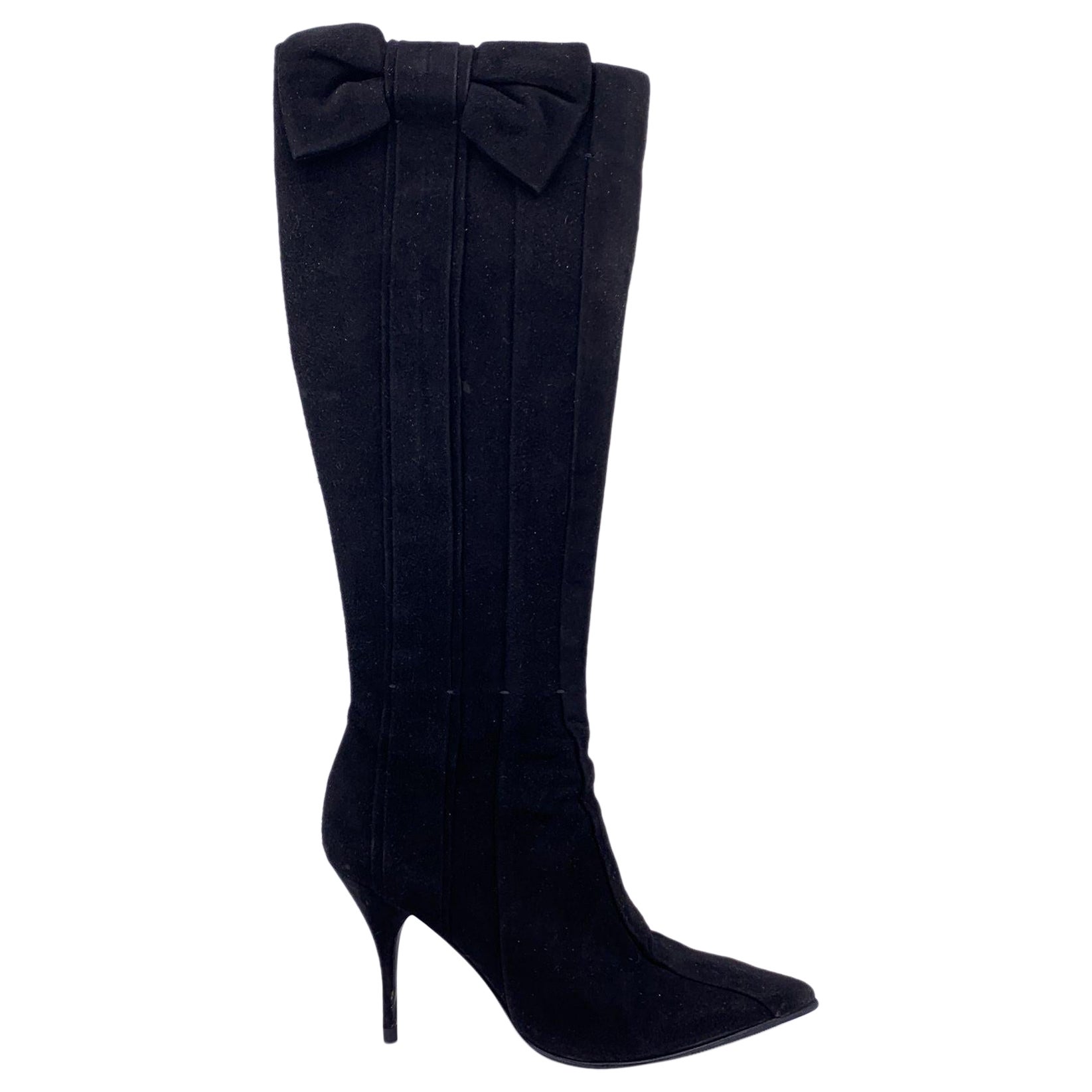 Valentino Garavani Black Suede Bow Heeled Boots Shoes Size 38.5