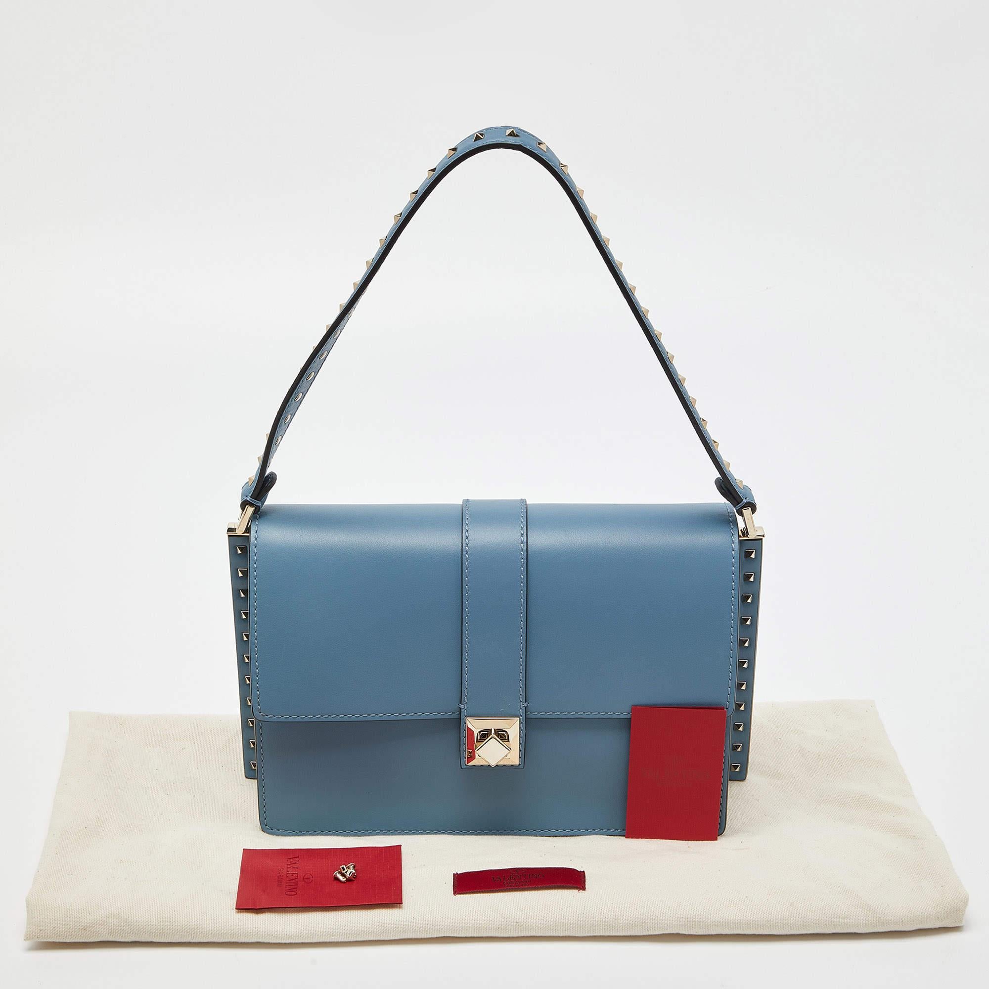 Valentino Garavani Blue Leather Rockstud Flat Shoulder Bag 6