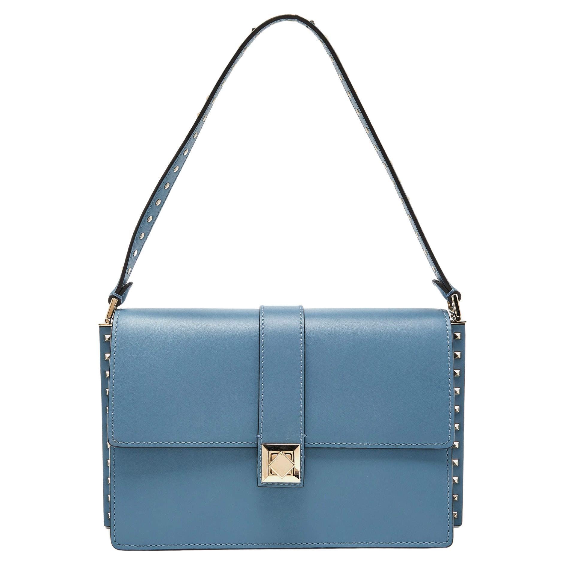 Valentino Garavani Blue Leather Rockstud Flat Shoulder Bag