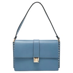 Valentino Garavani Blue Leather Rockstud Flat Shoulder Bag