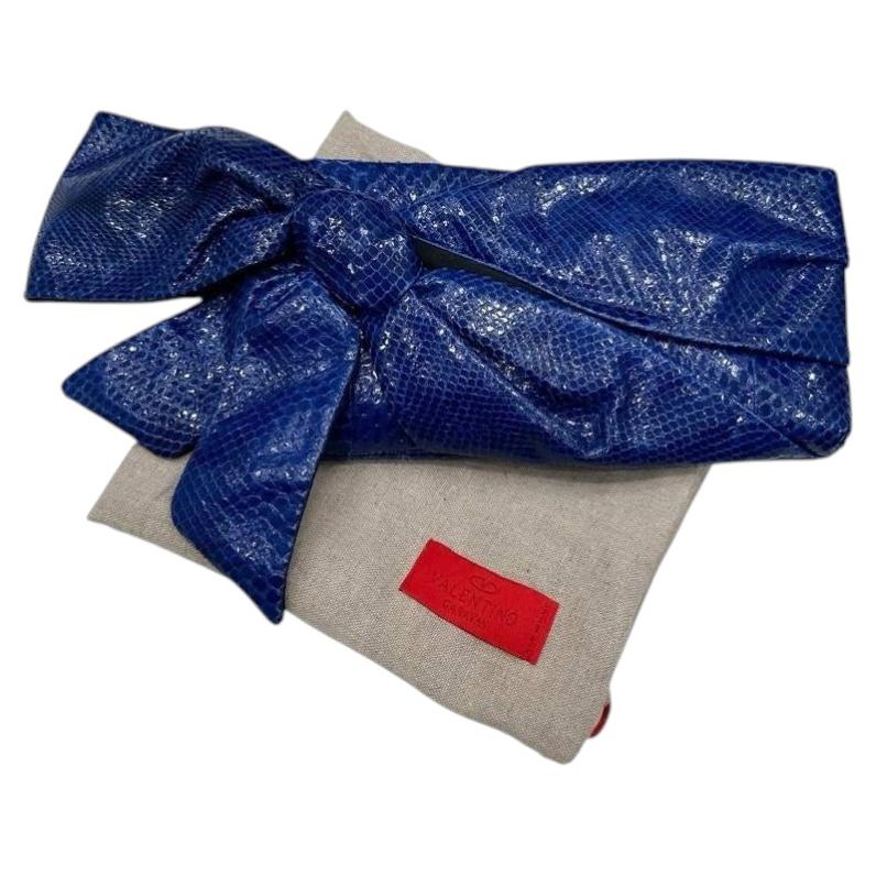Valentino Garavani Blue Snakeskin Clutch Bow Bag For Sale