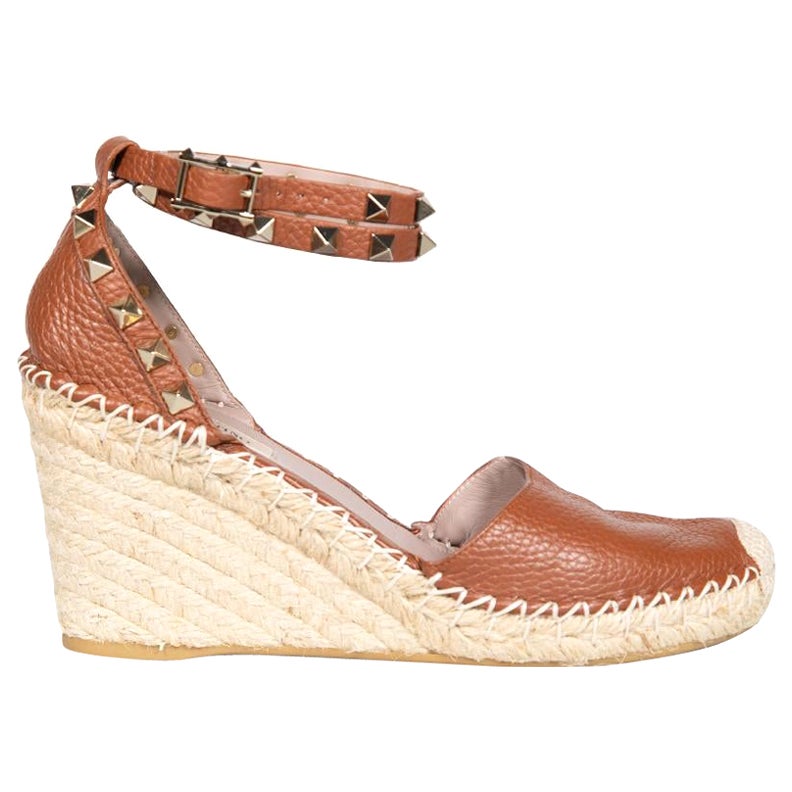 Valentino Garavani Brown Leather Rockstud Espadrille Wedges Size IT 36