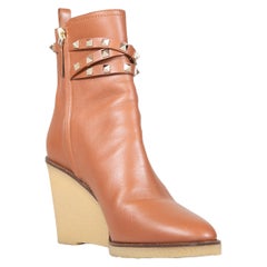Valentino Garavani Brown Leather Studded Ankle Wedge Boots Size IT 41