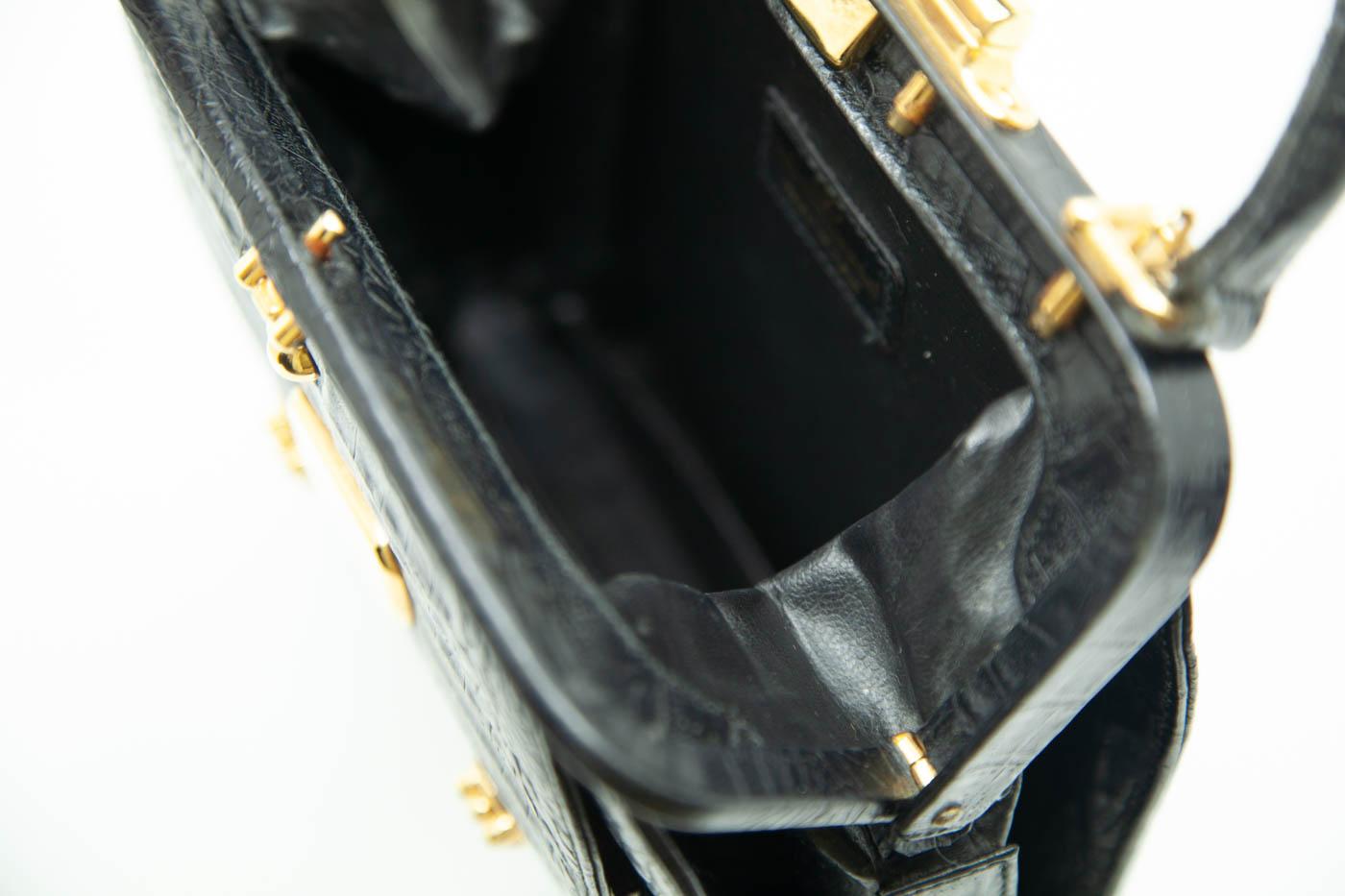 Women's or Men's Valentino Garavani, Black Alligator, Top-Handle Bag, Gold Tone Hardware, 1960s For Sale