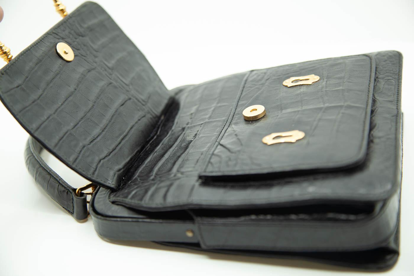 Valentino Garavani, Black Alligator, Top-Handle Bag, Gold Tone Hardware, 1960s For Sale 1