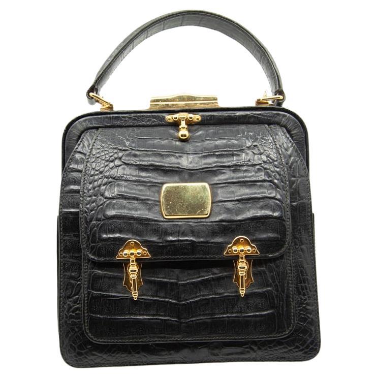 Valentino Garavani, Black Alligator, Top-Handle Bag, Gold Tone Hardware, 1960s For Sale