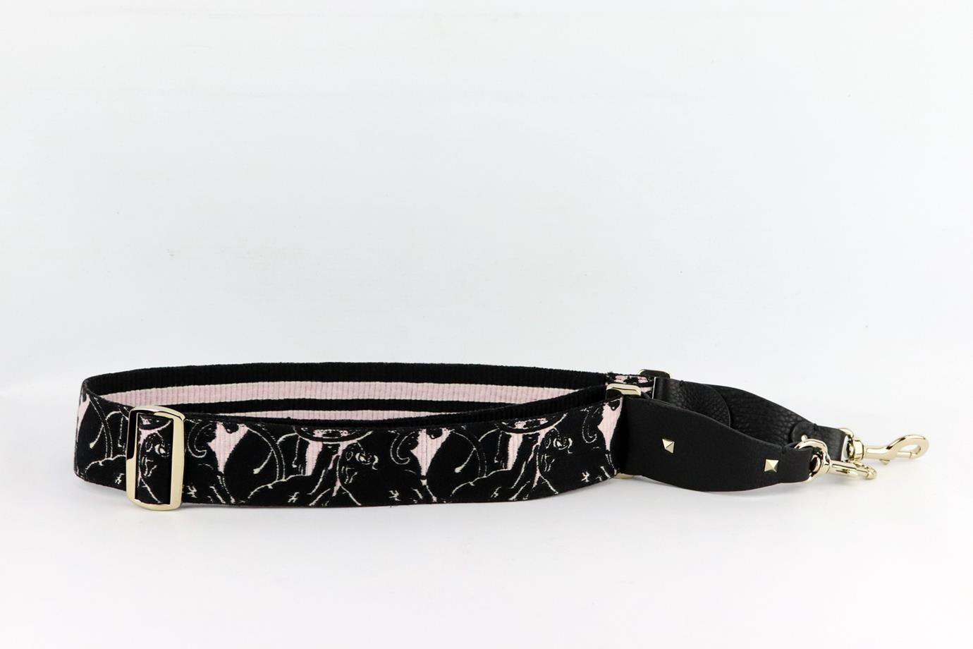 Valentino Garavani embroidered canvas and leather bag strap. Black, pink and white. Lobster clasp fastening at base. Does not come with box or dustbag. Max. Length: 51 in. Min. Length: 34 in. Width: 2 in. Very good condition - No sign of wear; see