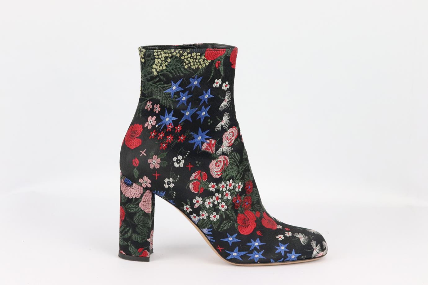 Valentino Garavani embroidered satin ankle boots Black, red, pink, green and white. Zip fastening at side. Does not come with dustbag and box. Size: EU 38 (UK 5, US 8). Insole: 9.6 in. Shaft: 5.4 in. Heel: 3 in. Very good condition - Some signs of