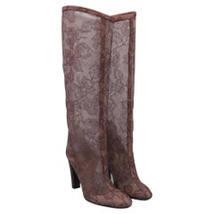 Valentino Garavani Floral Lace Detailed Knee-High Boots in Brown Polyester