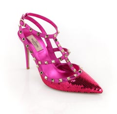 VALENTINO Garavani Fuchsia Pink Metallic “Rockstud” Sequin T-Strap Pumps