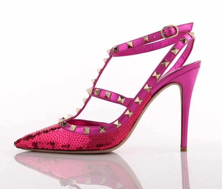VALENTINO Garavani Fuchsia Pink Metallic “Rockstud” Sequin T-Strap ...