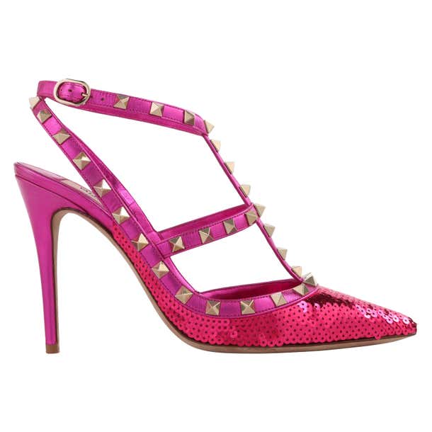 VALENTINO Garavani Fuchsia Pink Metallic “Rockstud” Sequin T-Strap ...
