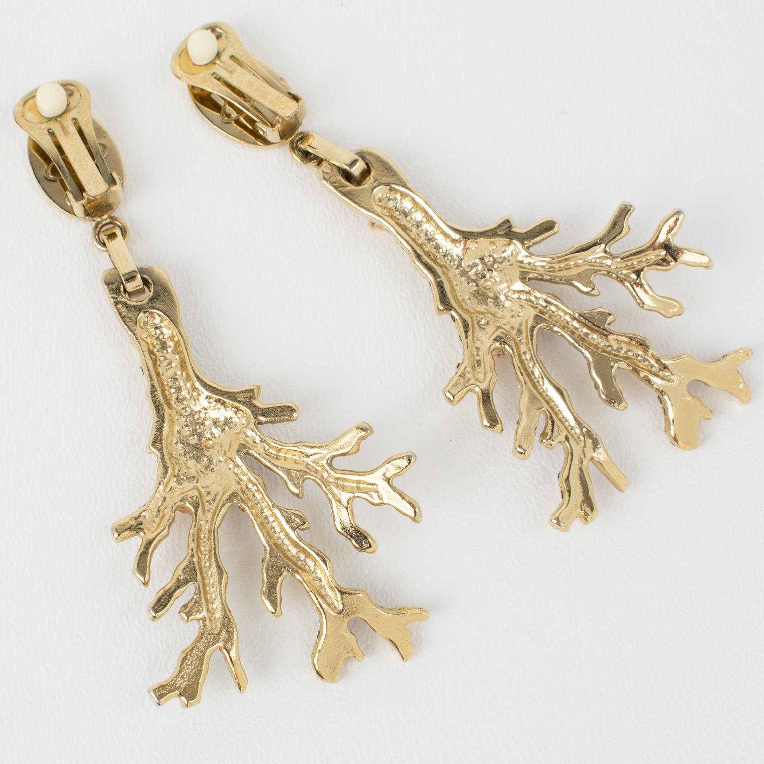 Valentino Garavani Gilded and Lavender Earrings with Coral Cabochons In Excellent Condition For Sale In Atlanta, GA