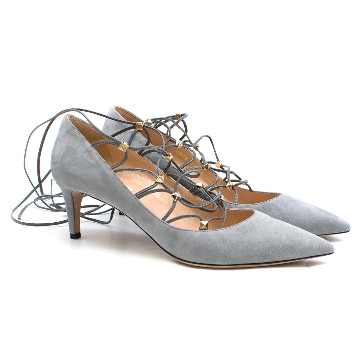 Valentino Garavani Grey Rockstud Suede Lace-up Pumps 

- Grey Pump Heels 
- Suede covered outer
- Point toe, slim toeline
- Leather lace-up with stud detailing and ankle strap fastening 
- Leather covered stiletto heel 
 -Beige leather insole and