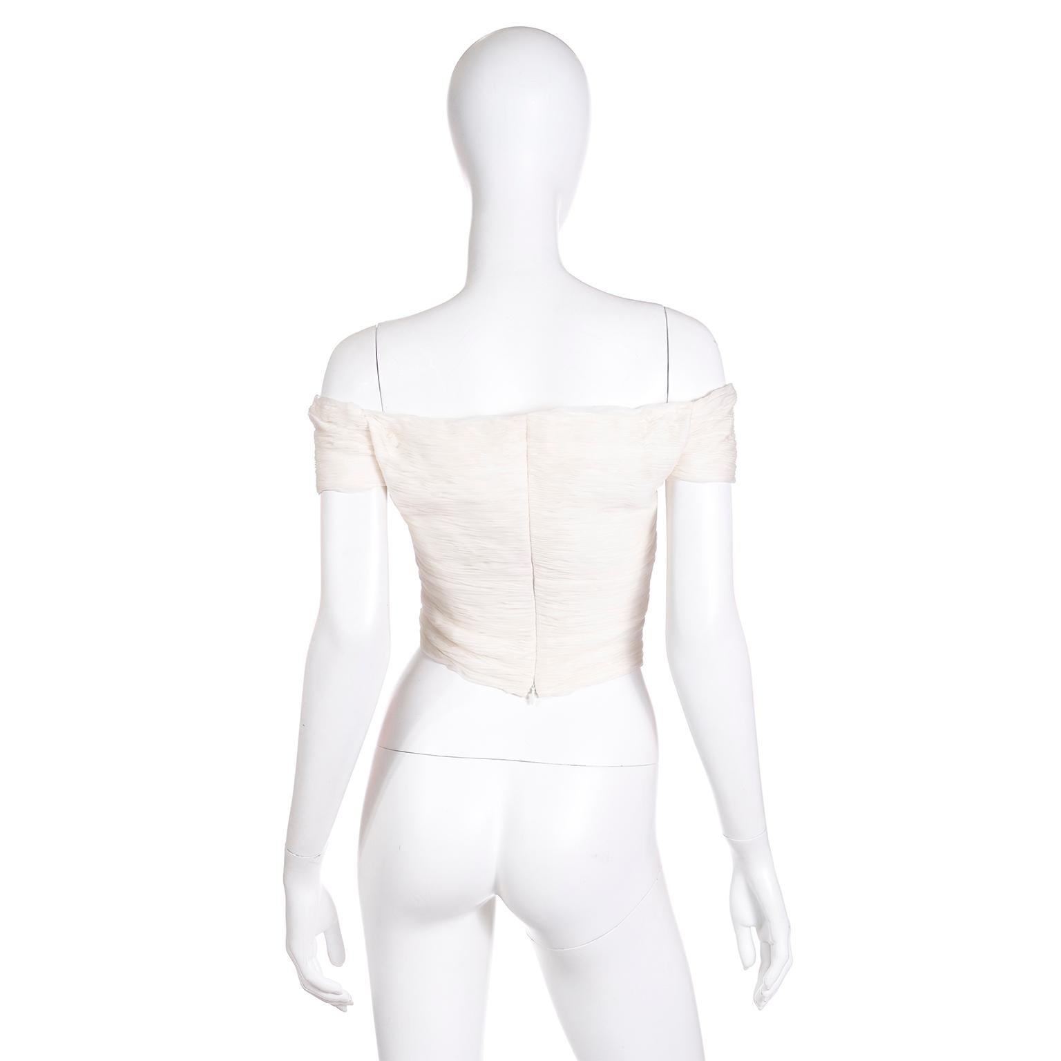 Gray Spring 2003 Runway Valentino Garavani Ivory Silk Off Shoulder Cropped Top