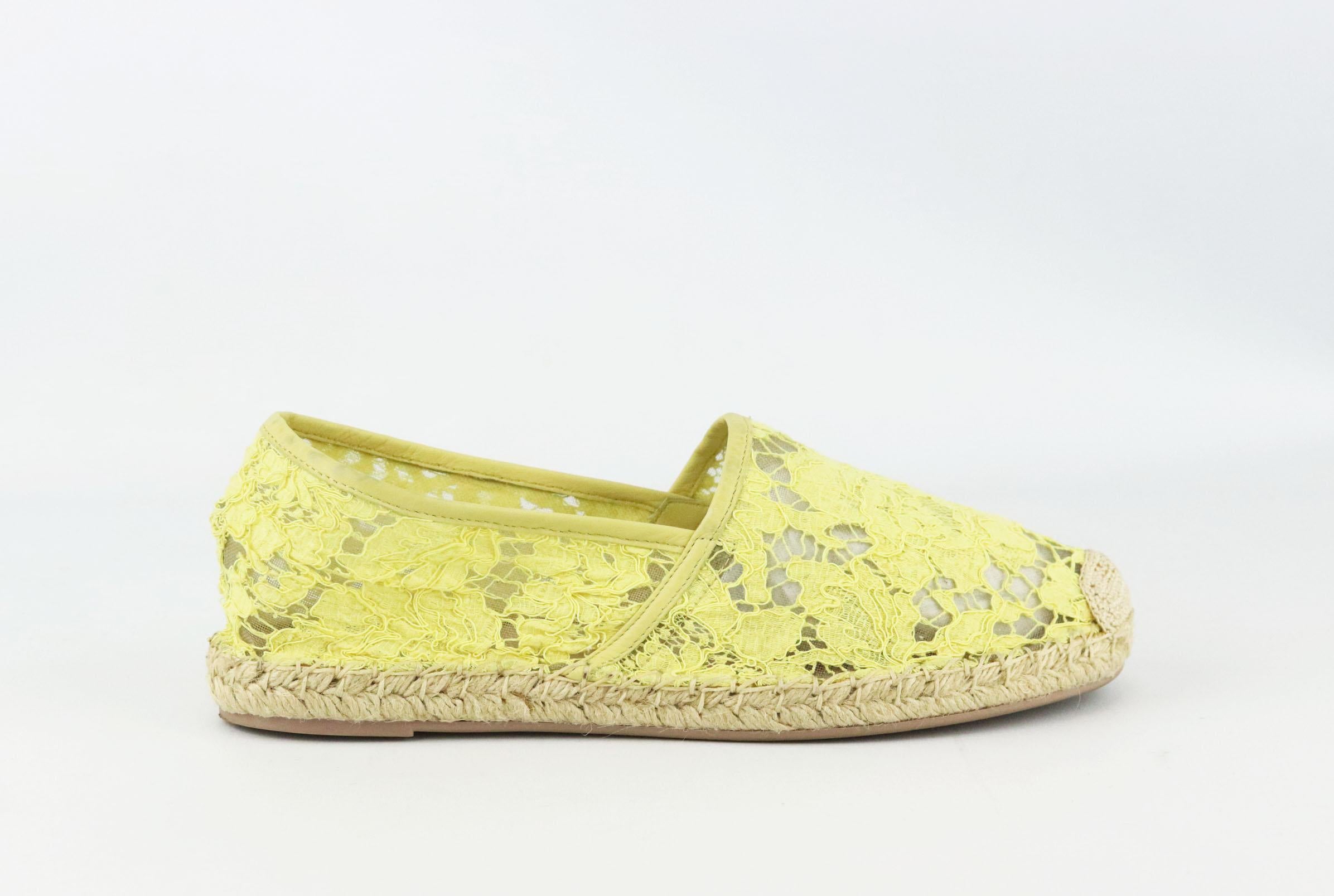 Valentino's hand-stitched lace and mesh espadrilles are among our favourite creations from the Valentino design duo, they are finished with a soft leather trim and jute soles.
Soles measures approximately 10 mm/ 0.5 inches.
Yellow sheer lace-covered